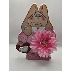 Vintage Mary Helen Gould Tole Painted Wood Bunny Rabbit Valentina Shelf Sitter